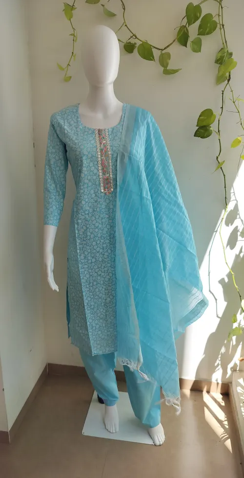 Khadi Cotton Salwar Set - Sky Blue